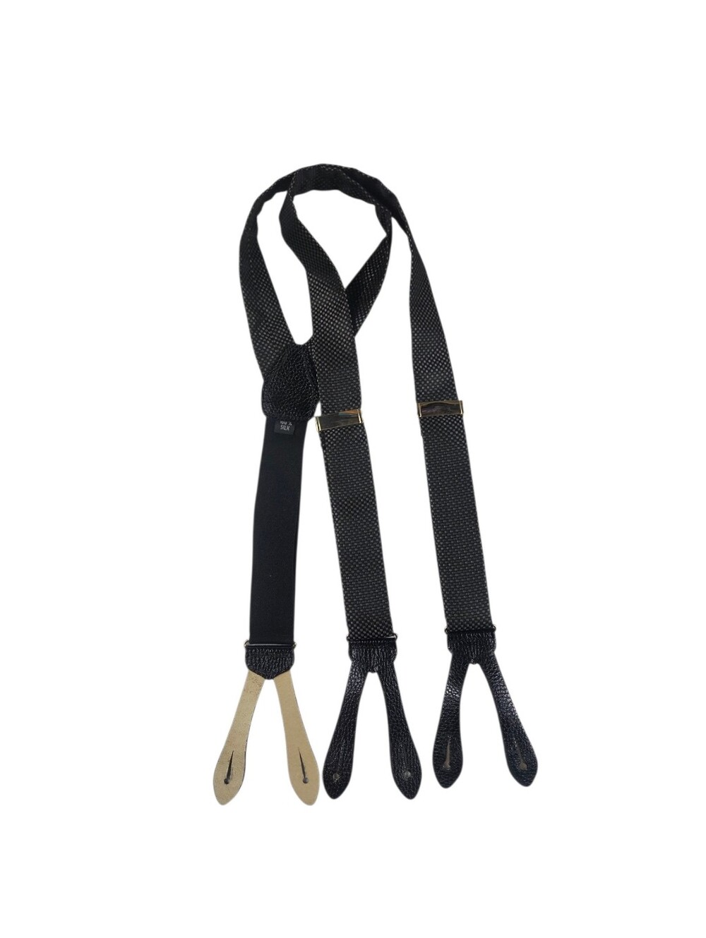 Vintage Black Pattern Silk Suspenders Leather Button Ends Adjustable Brass